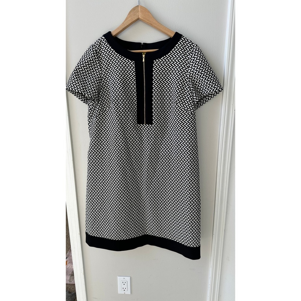 Tahari Arthur S. Levine Black White Geometric Shift Dress Half Zip Size 12 - Picture 1 of 4